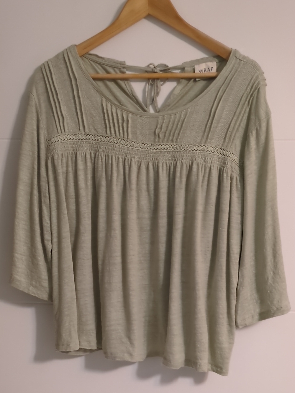Wrap London Linen Sage Green Boho Pintuck Crochet Yoke Women's Top Sz 18